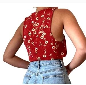 NEW Danielle Bernistein Red Soft Ribbed Floral Stretchy Redwood Tank Crop Top M